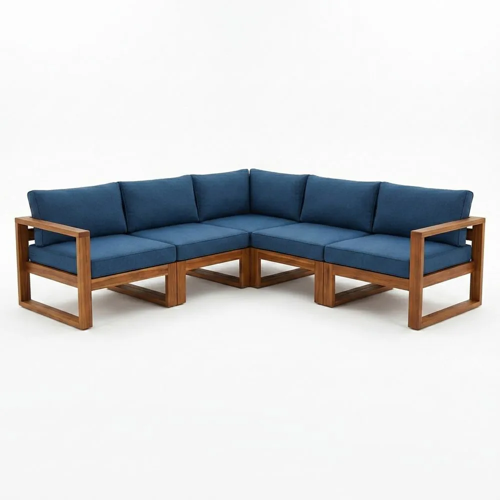 Sofá esquinero de exterior de madera teca con cojines de poliéster azul 280x280x75 cm (largo x ancho x alto)