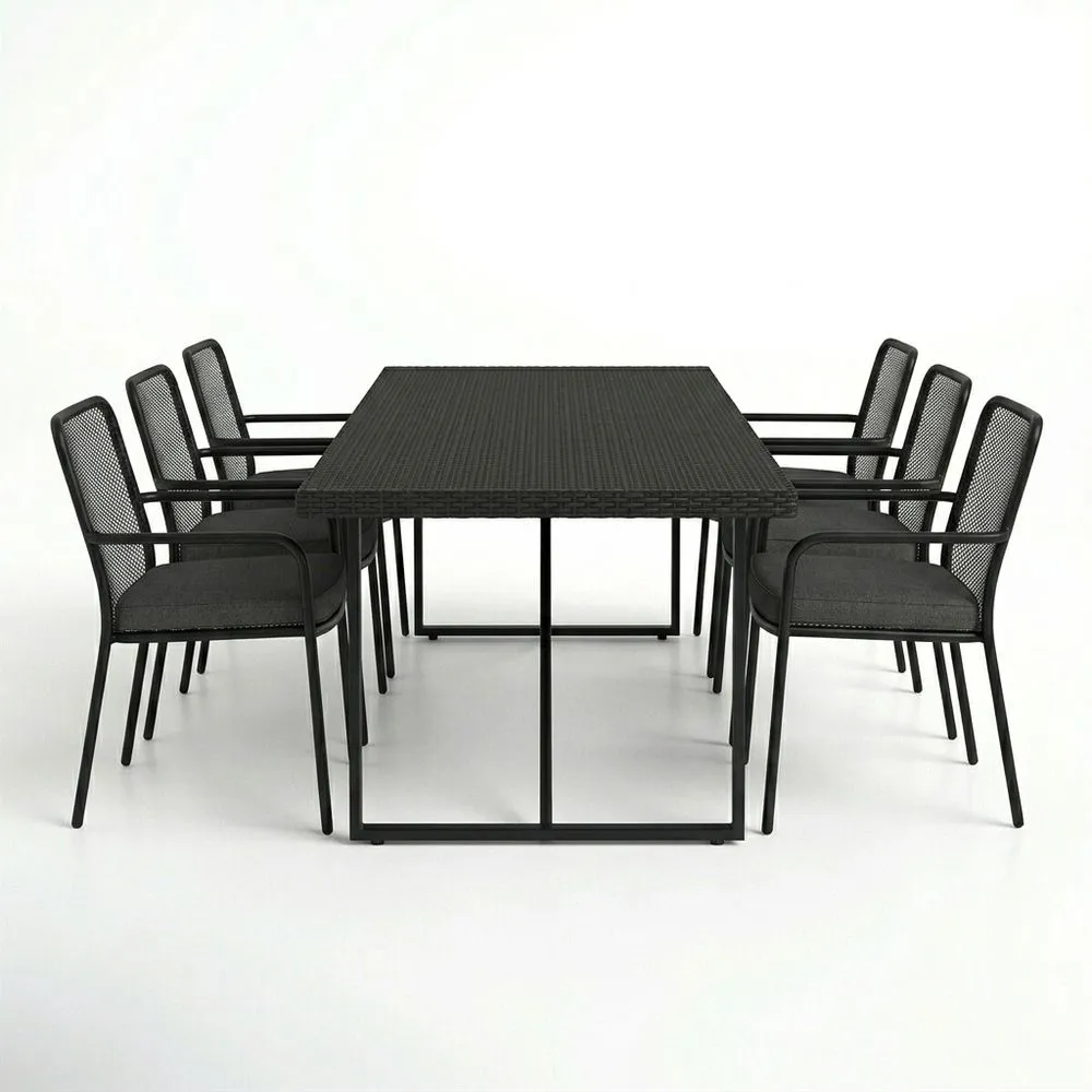 Mesa de comedor de ratán sintético y acero con 6 sillas negras