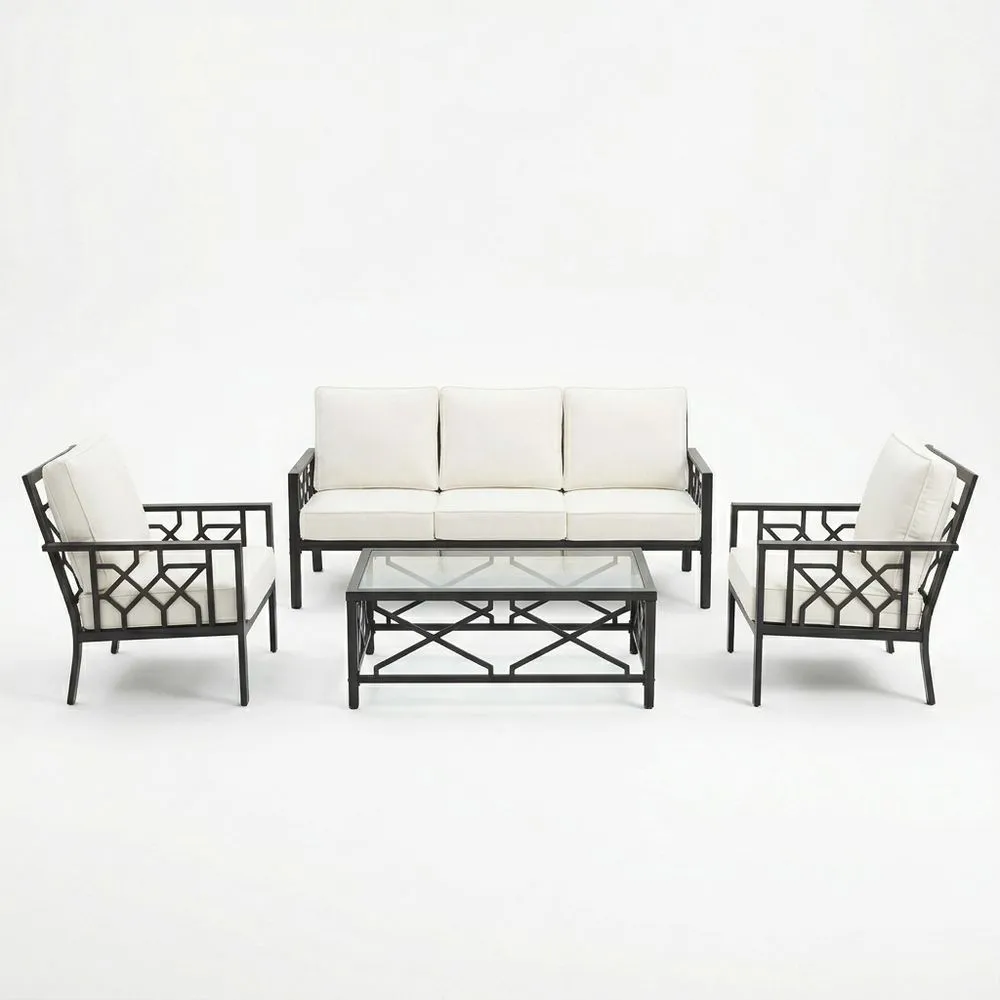 Conjunto de muebles de jardín de acero y cojines crema