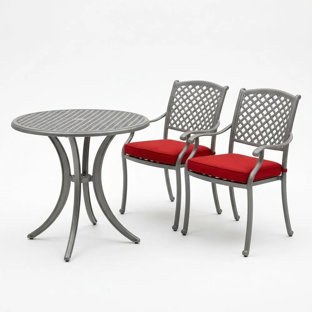 Conjunto de Mesa y Sillas de Metal Gris con Cojines Rojos