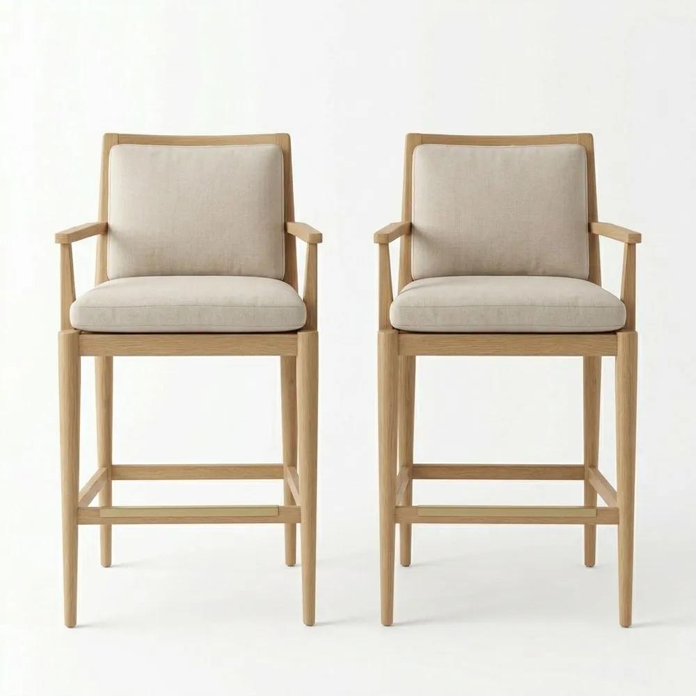 Sillones altos de roble con cojines de lino beige 2 piezas