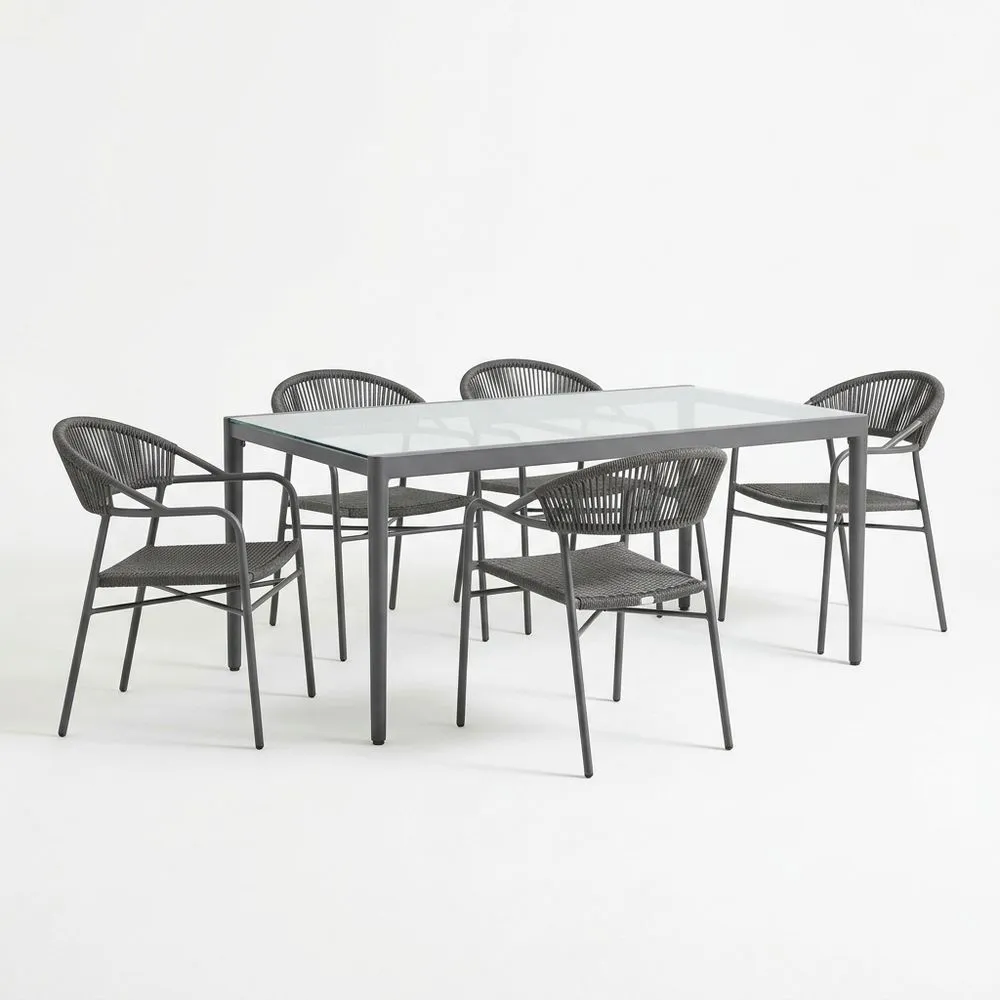 Conjunto de Comedor Exterior de Vidrio Templado y Aluminio con Sillas de Resina