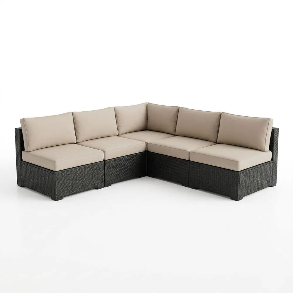 Conjunto modular de sofás en esquina de ratán sintético con cojines de poliéster beige