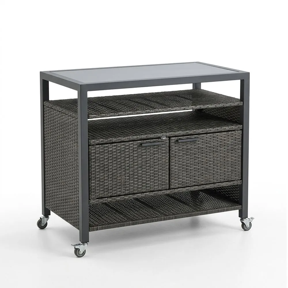 Carrito de almacenamiento de mimbre sintético con ruedas y estructura de acero Gris Oscuro / Negro 90x50x85 (largo x ancho x alto) cm