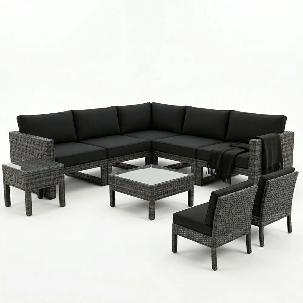 Set de Muebles de Jardín de Ratán Sintético Gris con Cojines Negros