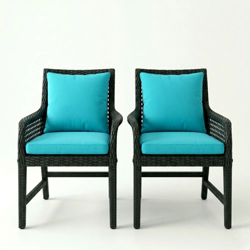 Sillas de jardín de ratán negro con cojines azules, set de 2
