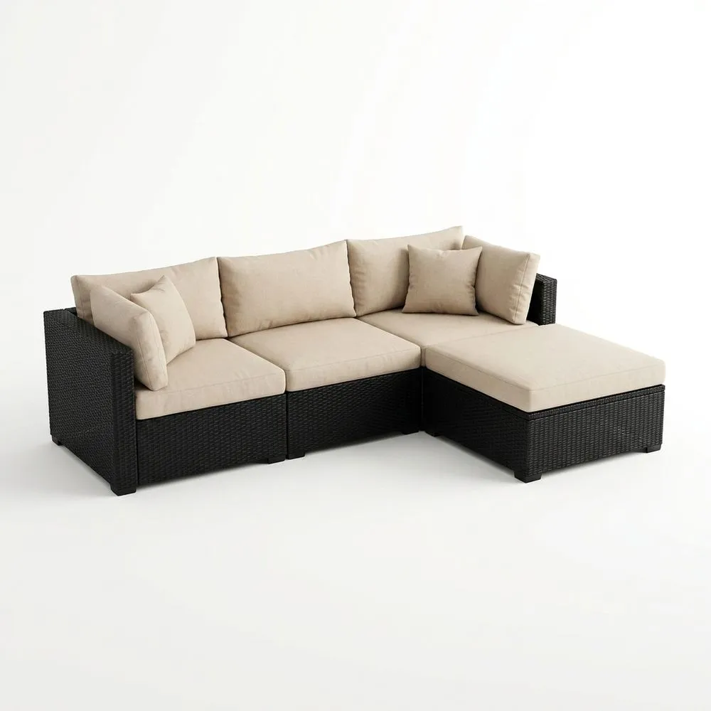 Sofá seccional de ratán sintético negro con cojines beige