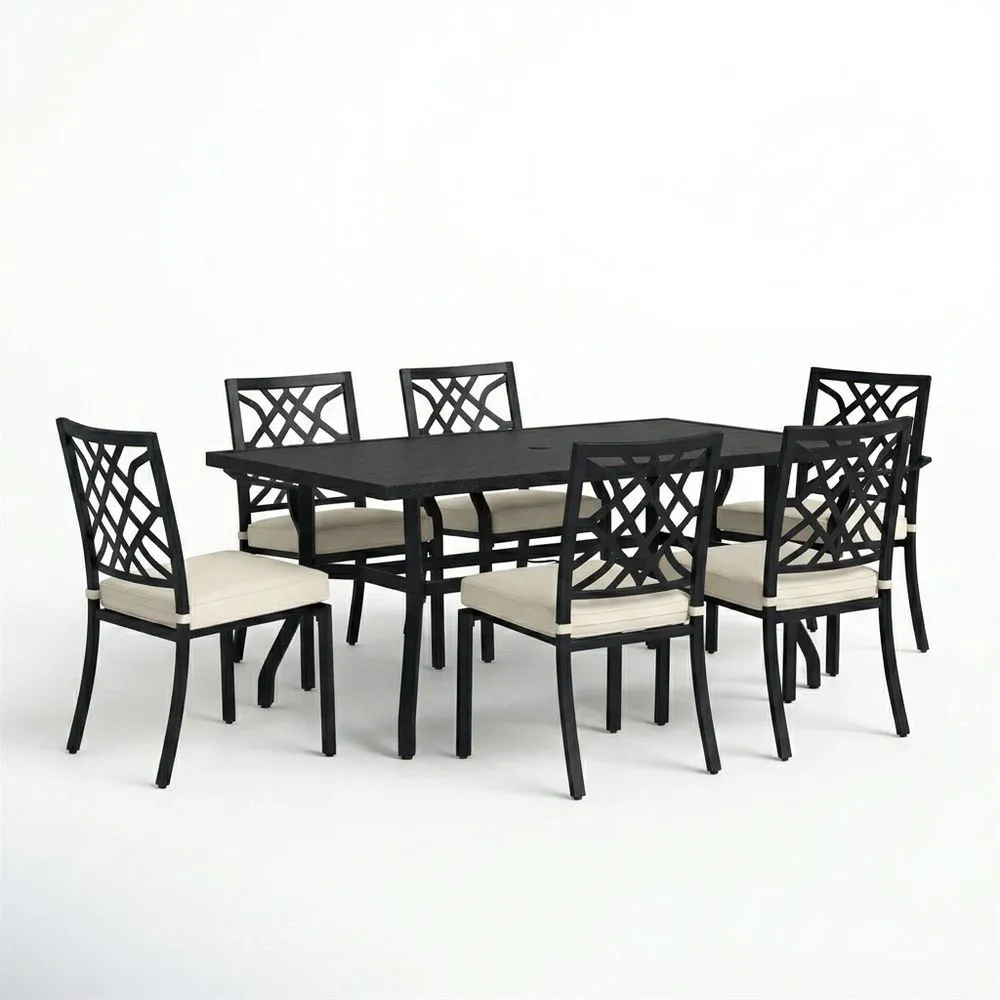 Conjunto de comedor de jardín de aluminio negro con cojines crema