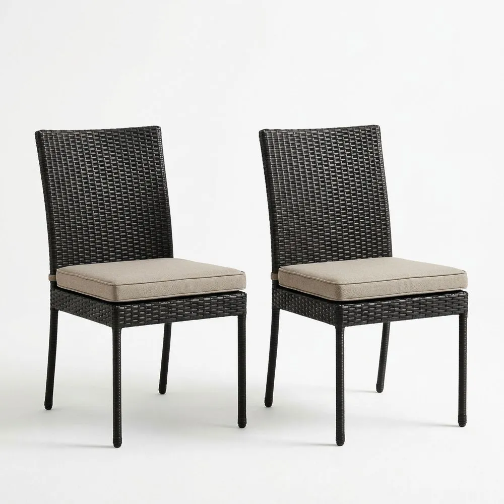 Juego de 2 sillas de ratán sintético negro con cojín beige