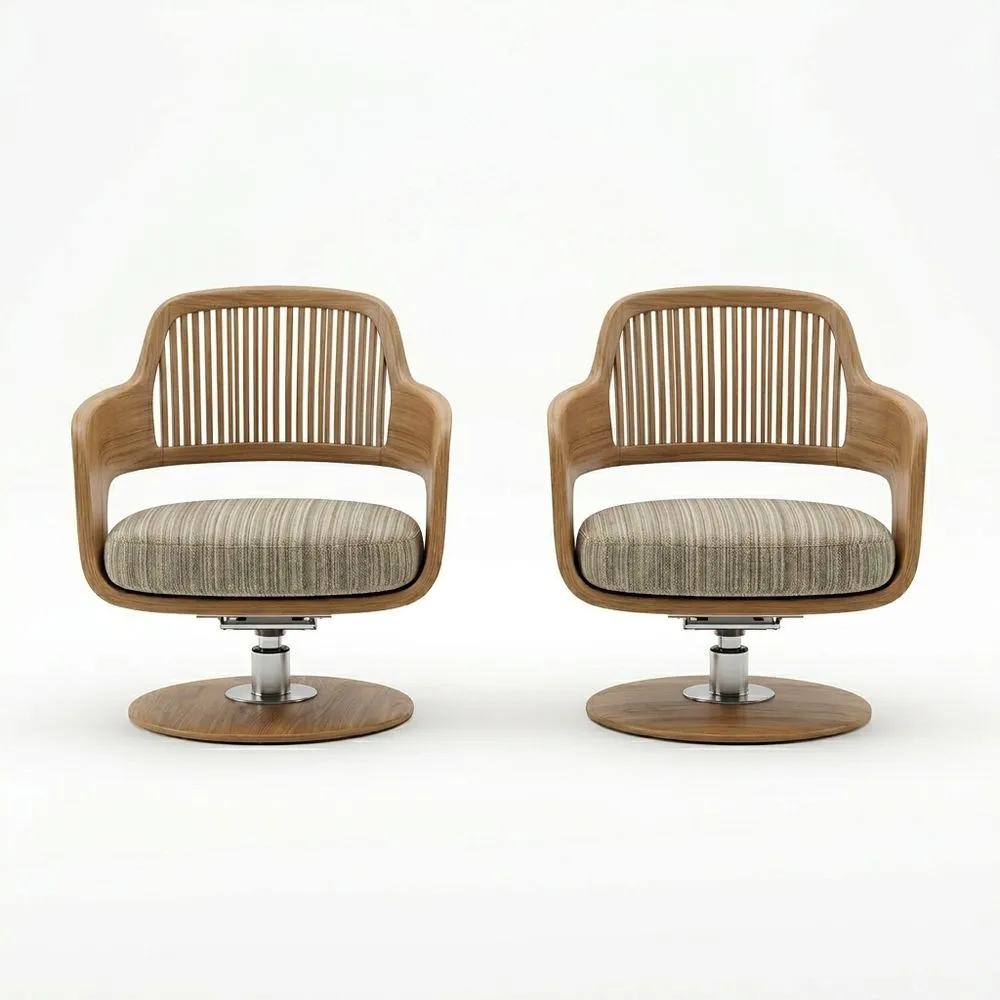 Conjunto de 2 sillas giratorias de madera chapada con tapizado de poliéster a rayas