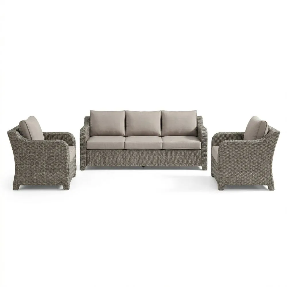 Juego de muebles de jardín de ratán sintético gris con cojines de poliéster beige, sofá 3 plazas y 2 sillones