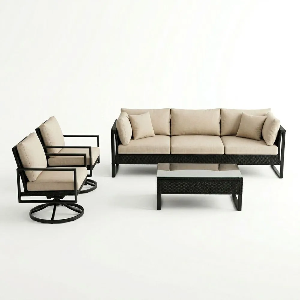 Conjunto de Muebles de Jardín de Ratán Sintético con Cojines de Poliéster Negro/Beige