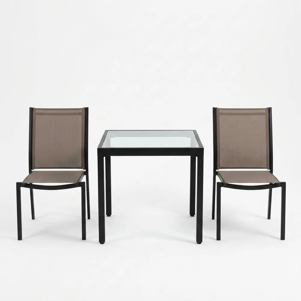 Conjunto de Mesa con Vidrio Templado y 2 Sillas de Fibra Sintética Marrón y Acero