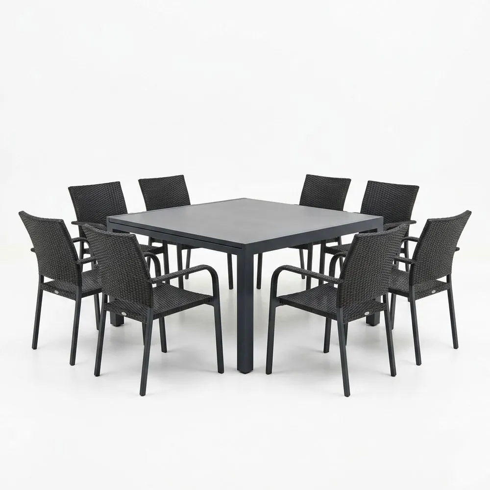 Conjunto de comedor aluminio y ratán sintético Negro 150 cm (largo) x 150 cm (ancho) con 8 sillas