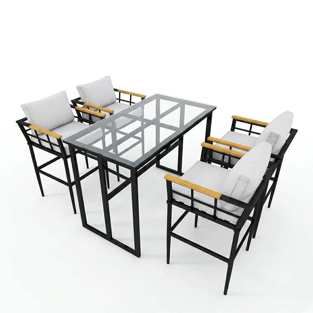 Juego de comedor exterior vidrio templado y acero con cojines poliéster Negro/Gris
