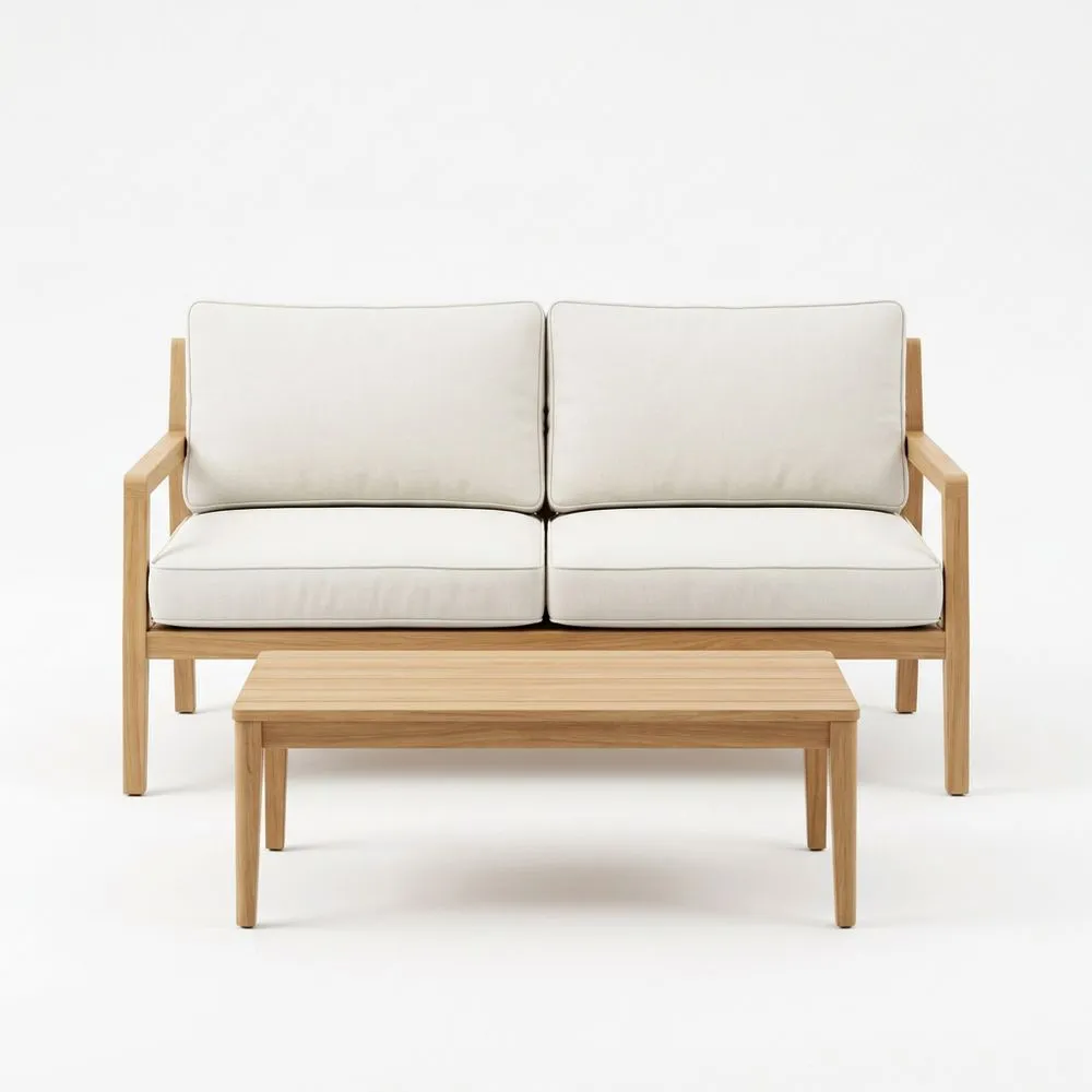 Conjunto de sofá y mesa de teca con cojines de poliéster blancos 2 plazas