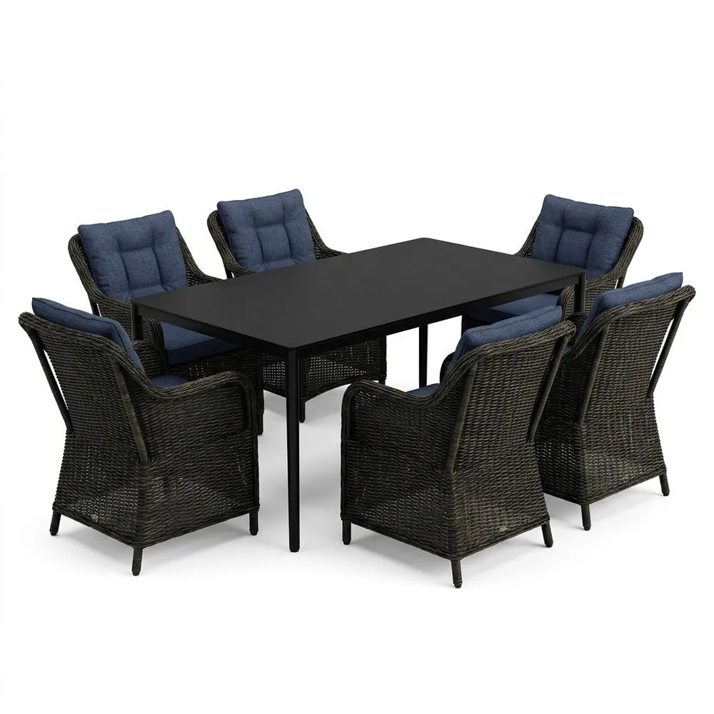 Juego de comedor exterior de mimbre negro con cojines azules y mesa de aluminio