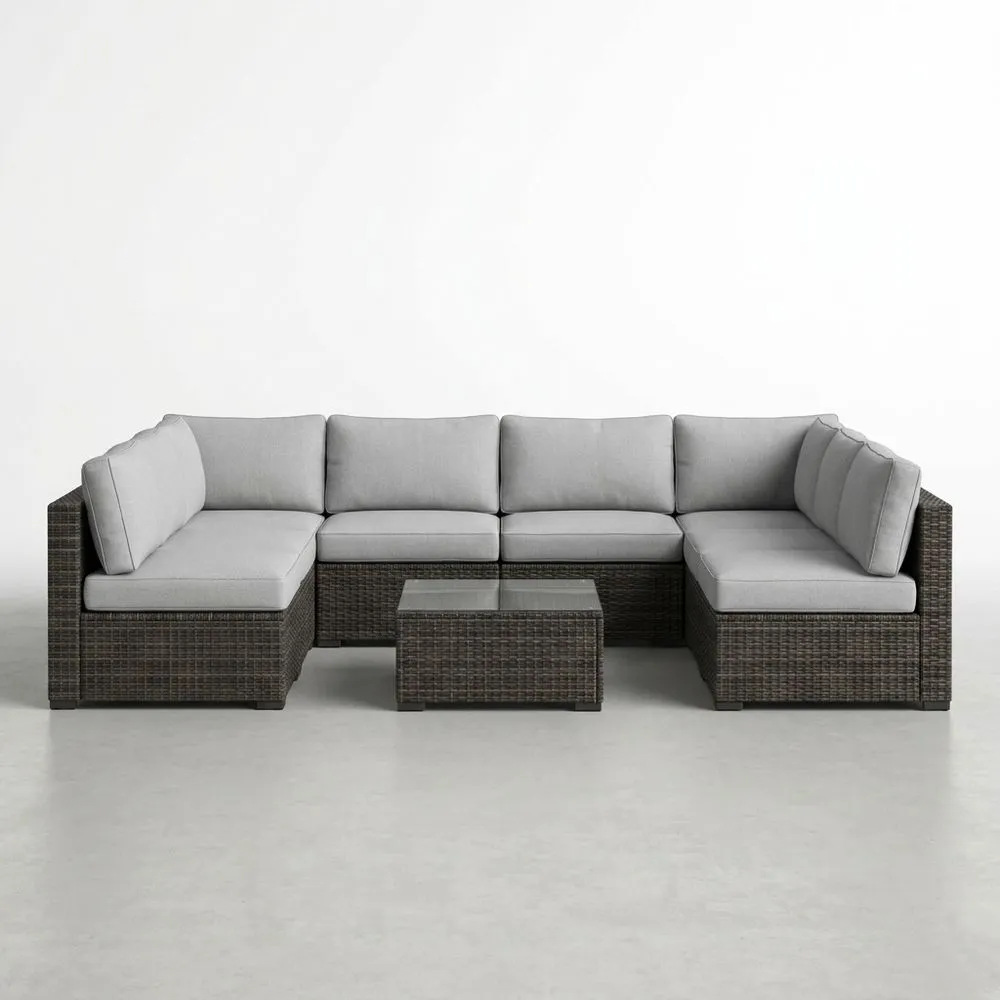 Sofá esquinero modular de ratán sintético gris con cojines de poliéster