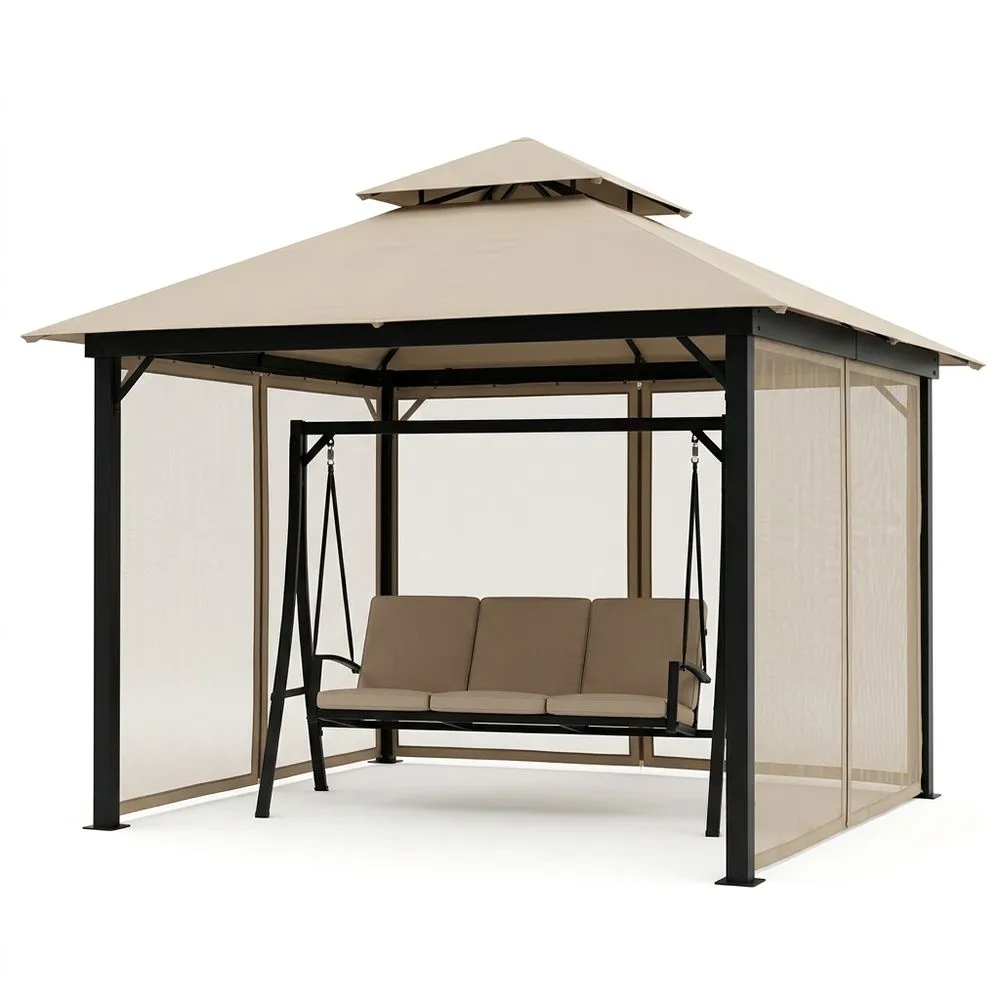 Pérgola con columpio de acero con recubrimiento en polvo negro y tela de poliéster beige 3x3x2,6 m (largo x ancho x alto)