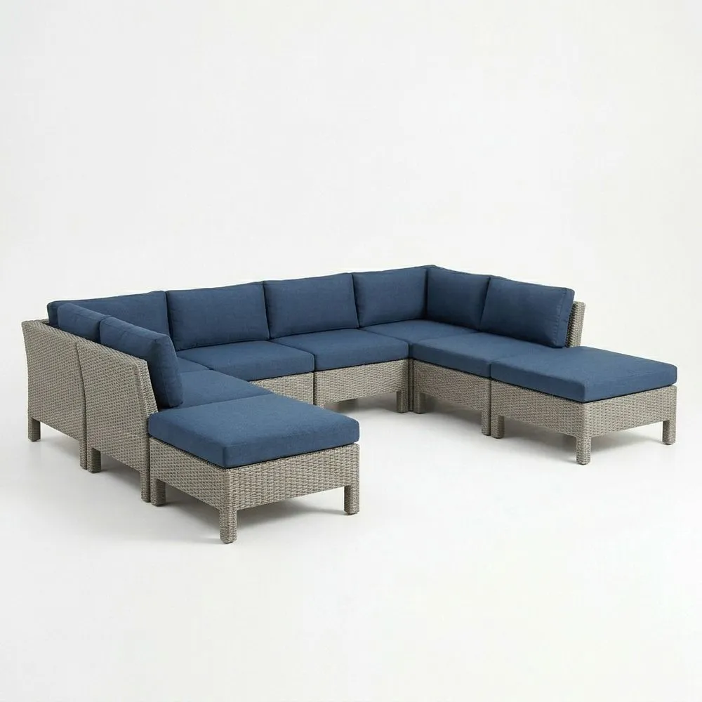Sofá Seccional de Ratán Sintético Gris con Cojines Azules