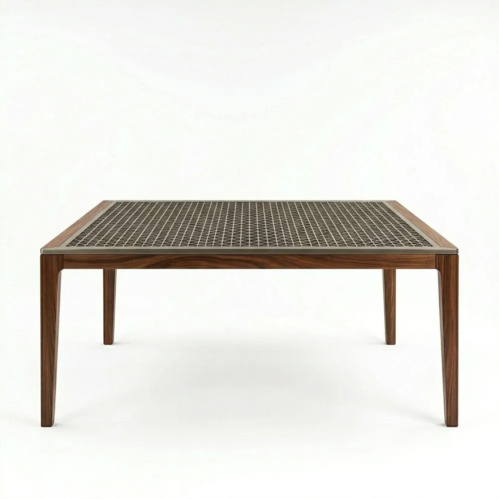 Mesa de comedor de nogal y rejilla de acero pintado negra 150x90x75 cm (largo x ancho x alto)