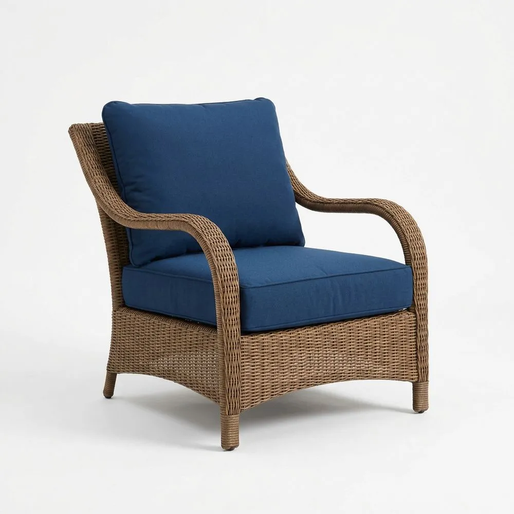 Sillón de mimbre sintético con cojines de poliéster azul