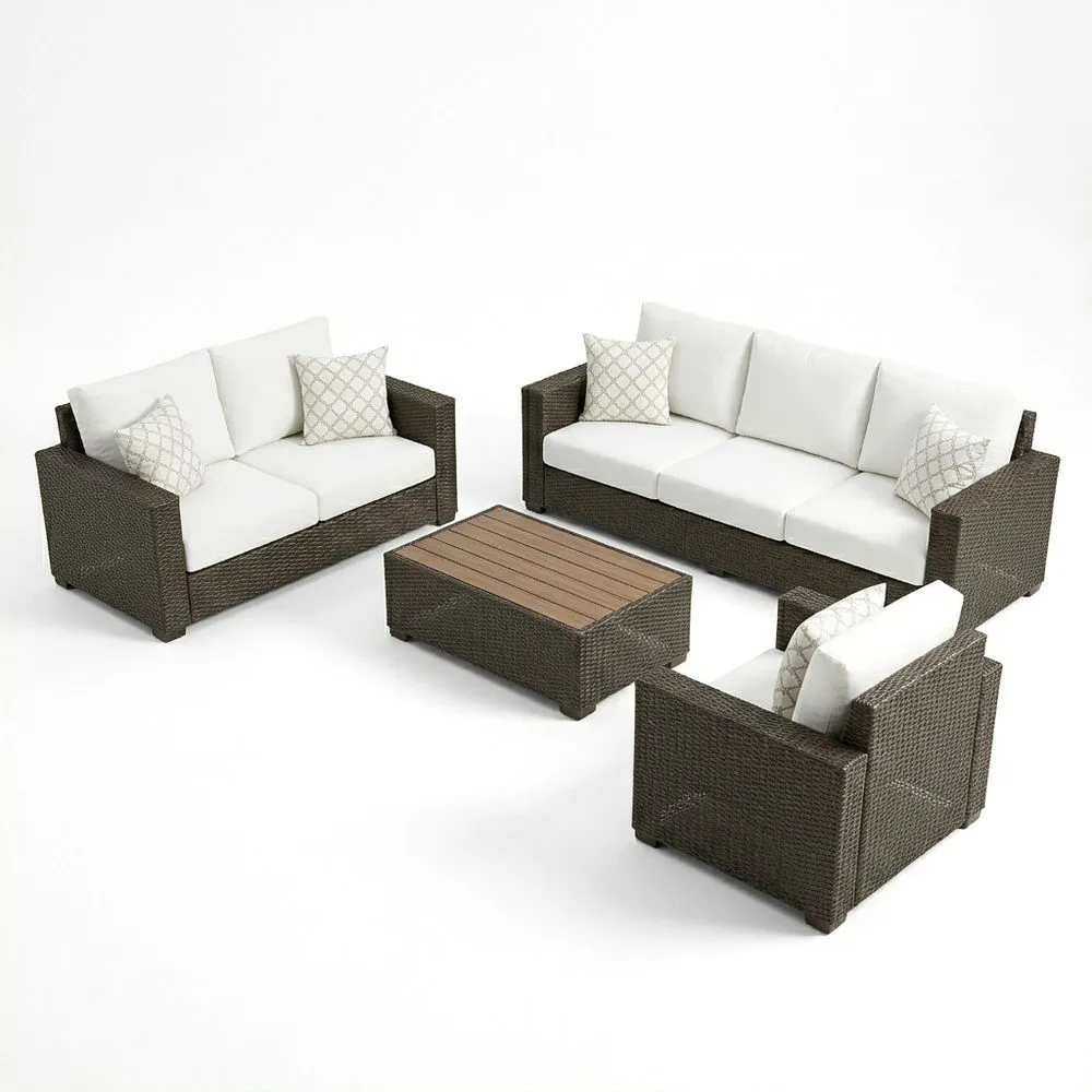 Conjunto de muebles de ratán PE marrón y crema para exteriores