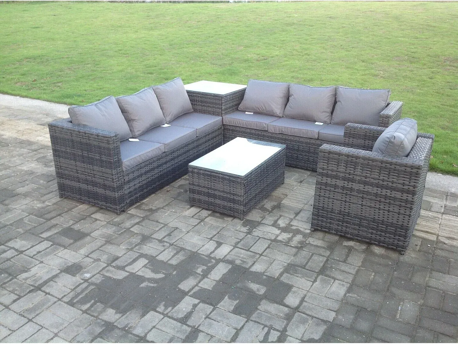 Rattan Gartenmöbel Set mit Ecksofa und Beistelltisch in Dunkelgrau-Vibyogi