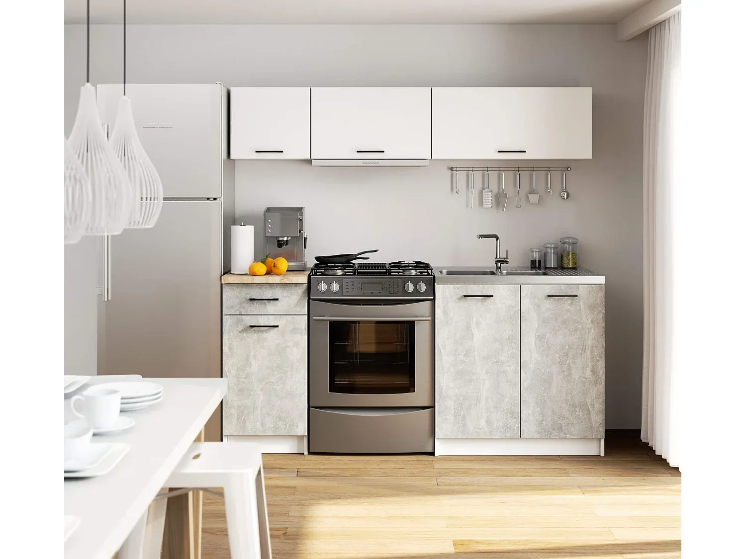 Modernes Küchenmöbelset Weiß mit Betonanmutung, 6 Türen und Schublade-Vibyogi