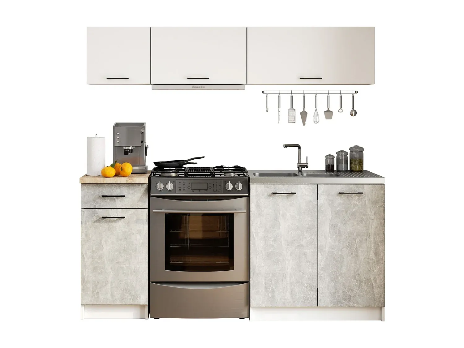 Modernes Küchenmöbelset Weiß mit Betonanmutung, 6 Türen und Schublade-Vibyogi