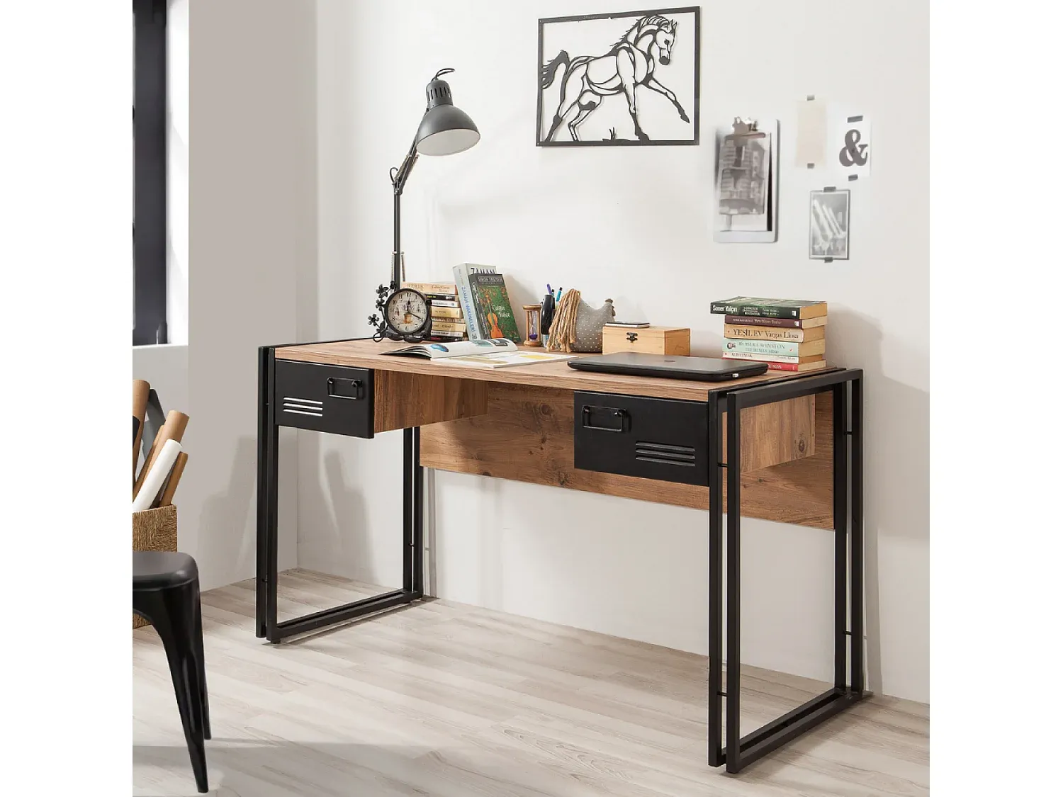 Moderner Schreibtisch aus Holz und Metall mit Stauraum-Vibyogi