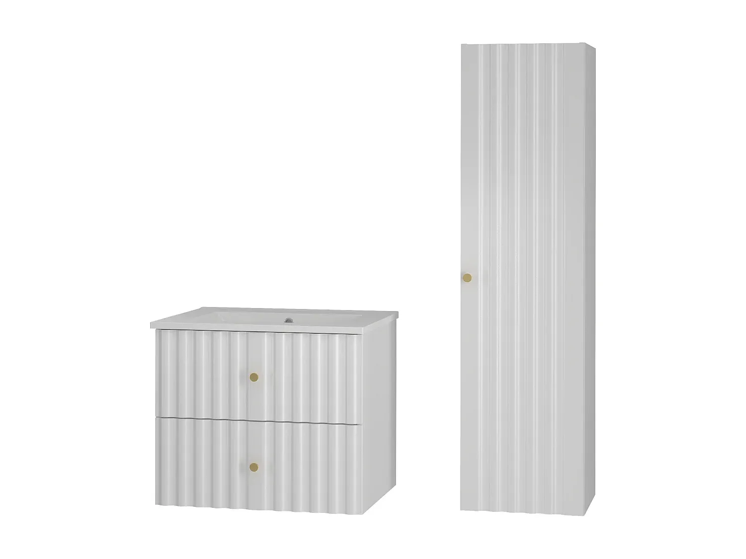 Badezimmermöbel-Set 60cm mit Waschbecken und hohem Schrank, geriffelte Fronten-Vibyogi