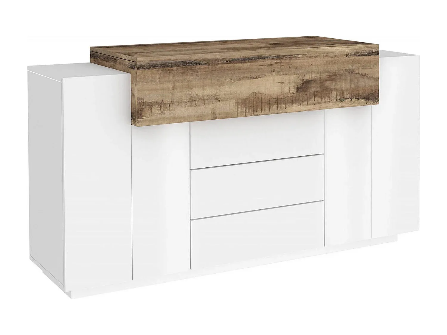 Küchen-Sideboard mit 3 Türen und Schubladen, Wohnzimmer-Buffet, glänzend weiß und Ahorn-Vibyogi