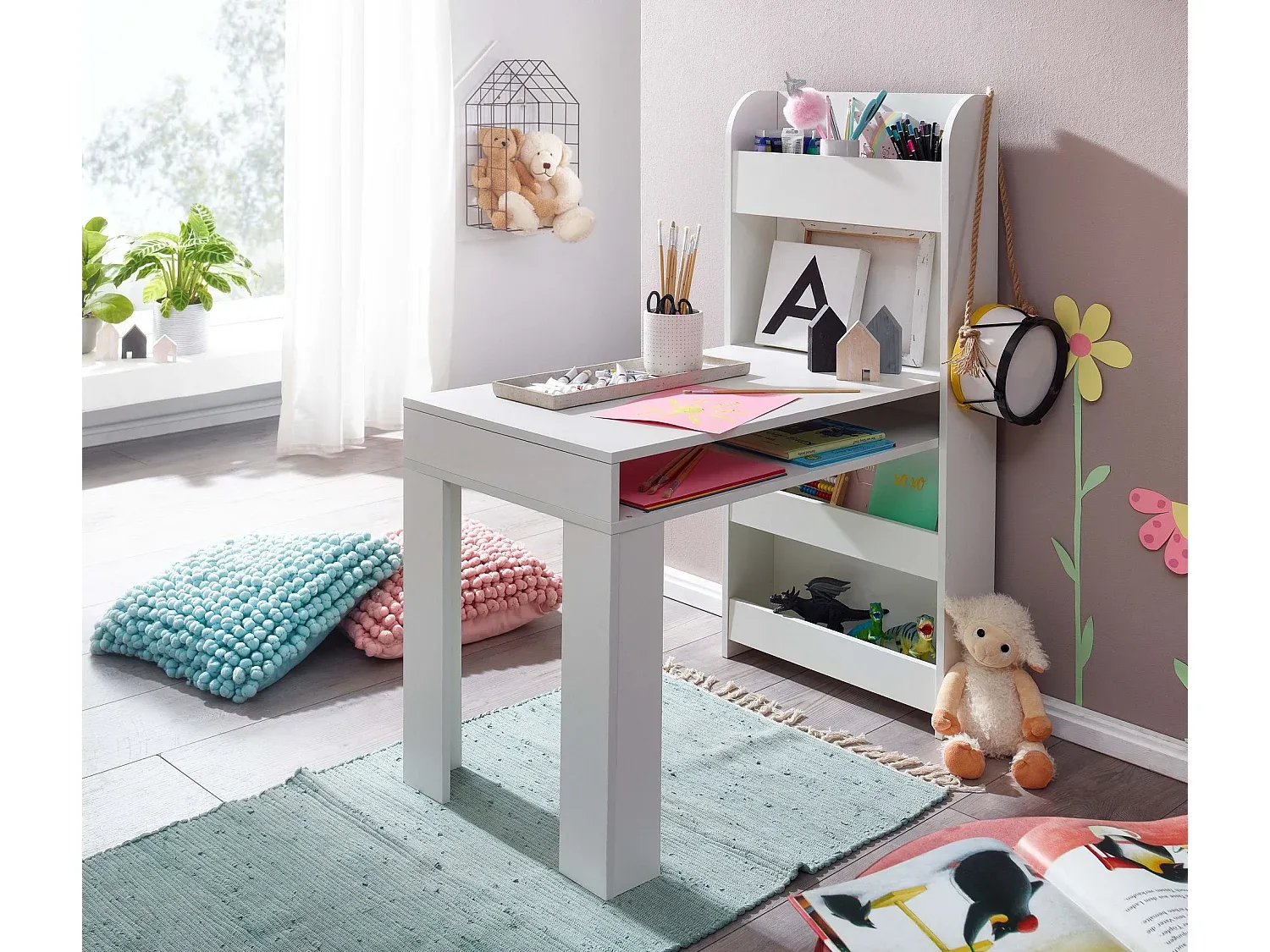 Höhenverstellbarer Kinderschreibtisch mit Regal, Weiß-Vibyogi