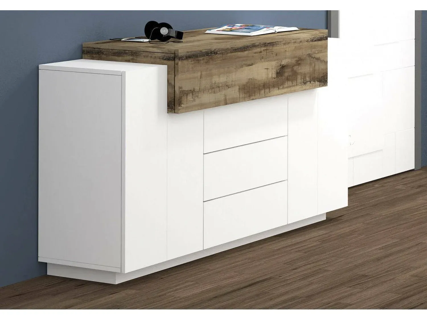 Küchen-Sideboard mit 3 Türen und Schubladen, Wohnzimmer-Buffet, glänzend weiß und Ahorn-Vibyogi