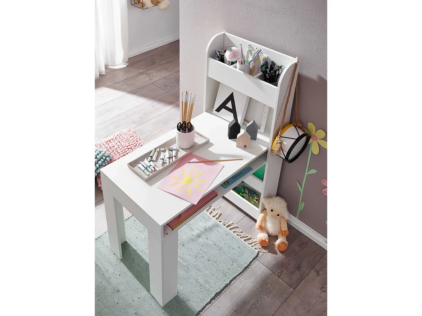 Höhenverstellbarer Kinderschreibtisch mit Regal, Weiß-Vibyogi