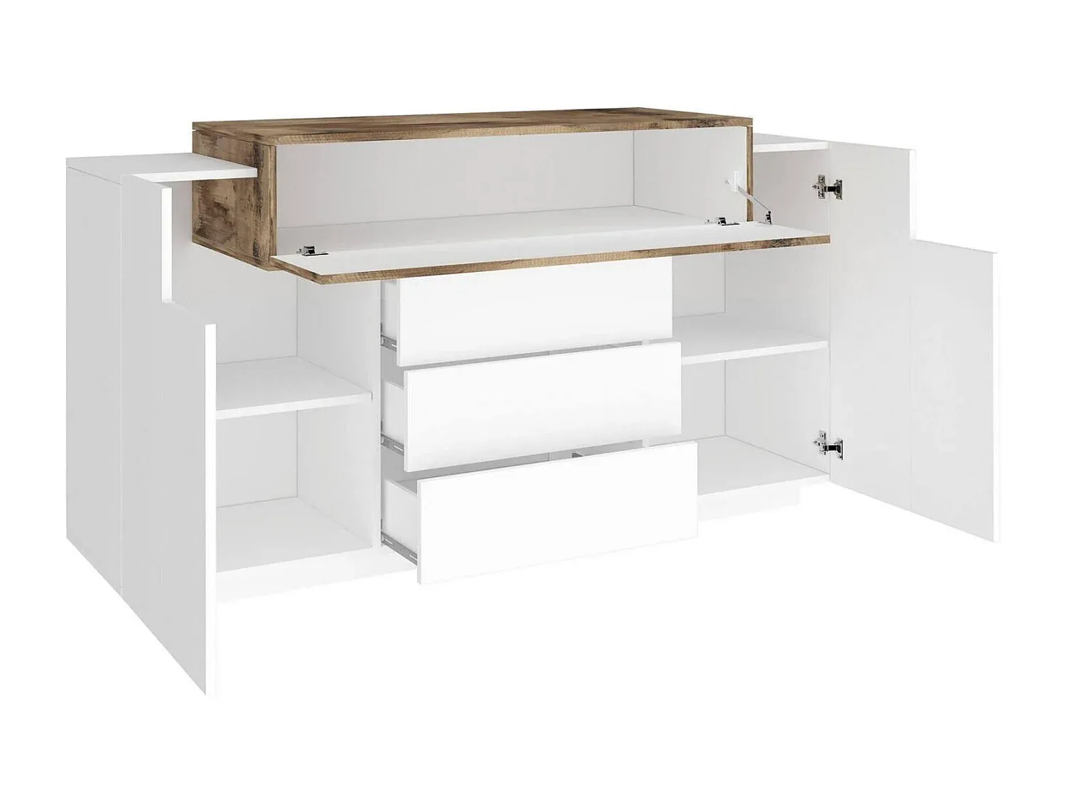 Küchen-Sideboard mit 3 Türen und Schubladen, Wohnzimmer-Buffet, glänzend weiß und Ahorn-Vibyogi