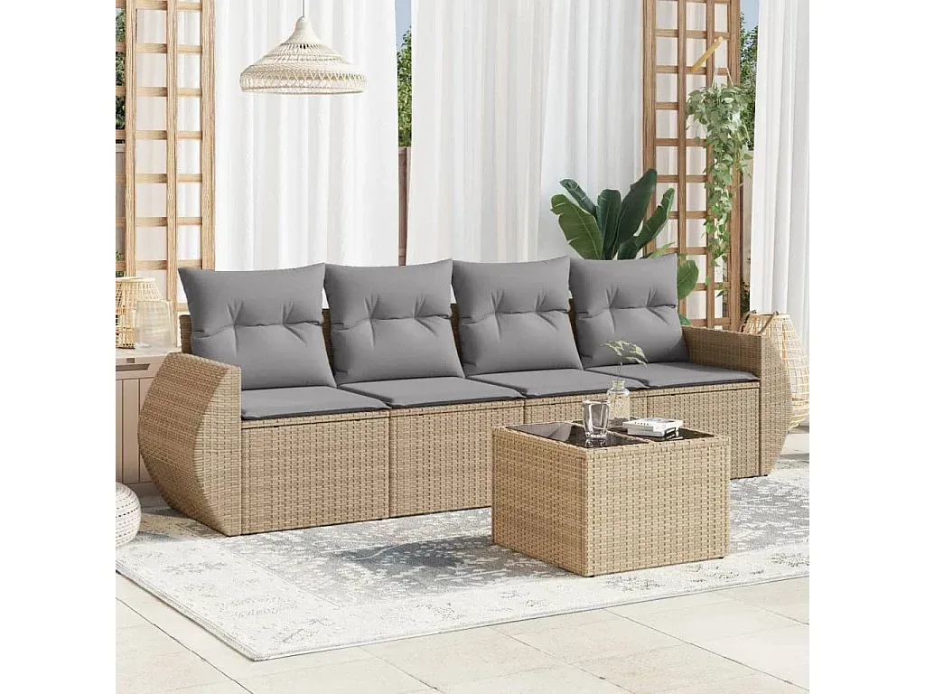 Outdoor Lounge Set aus Poly Rattan mit Kissen, 5-teilig, Beige-Vibyogi