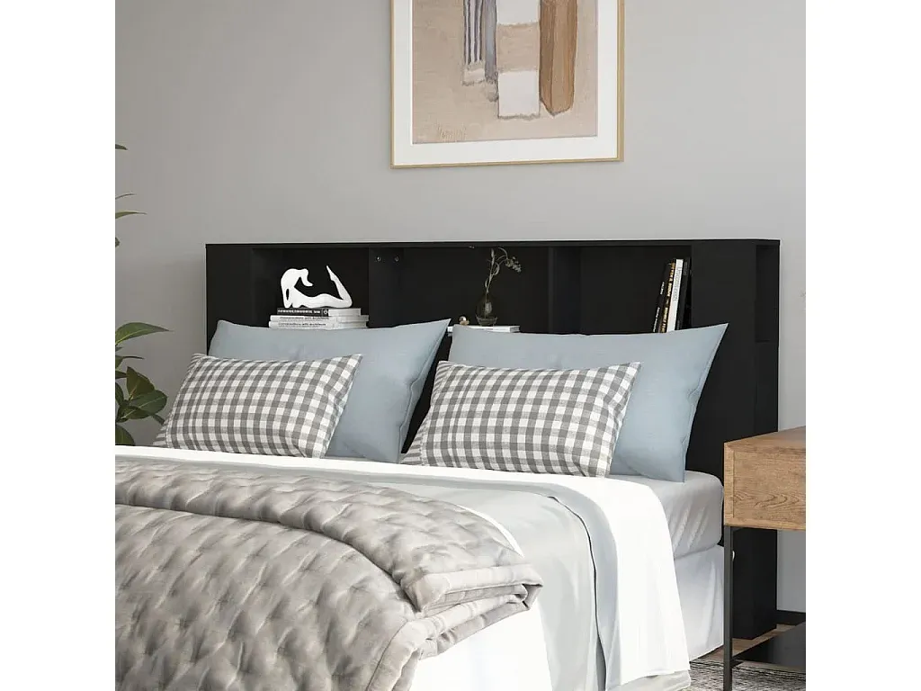Schwarzes Bett-Kopfteil mit Ablagen 180x18,5x104,5 cm-Vibyogi
