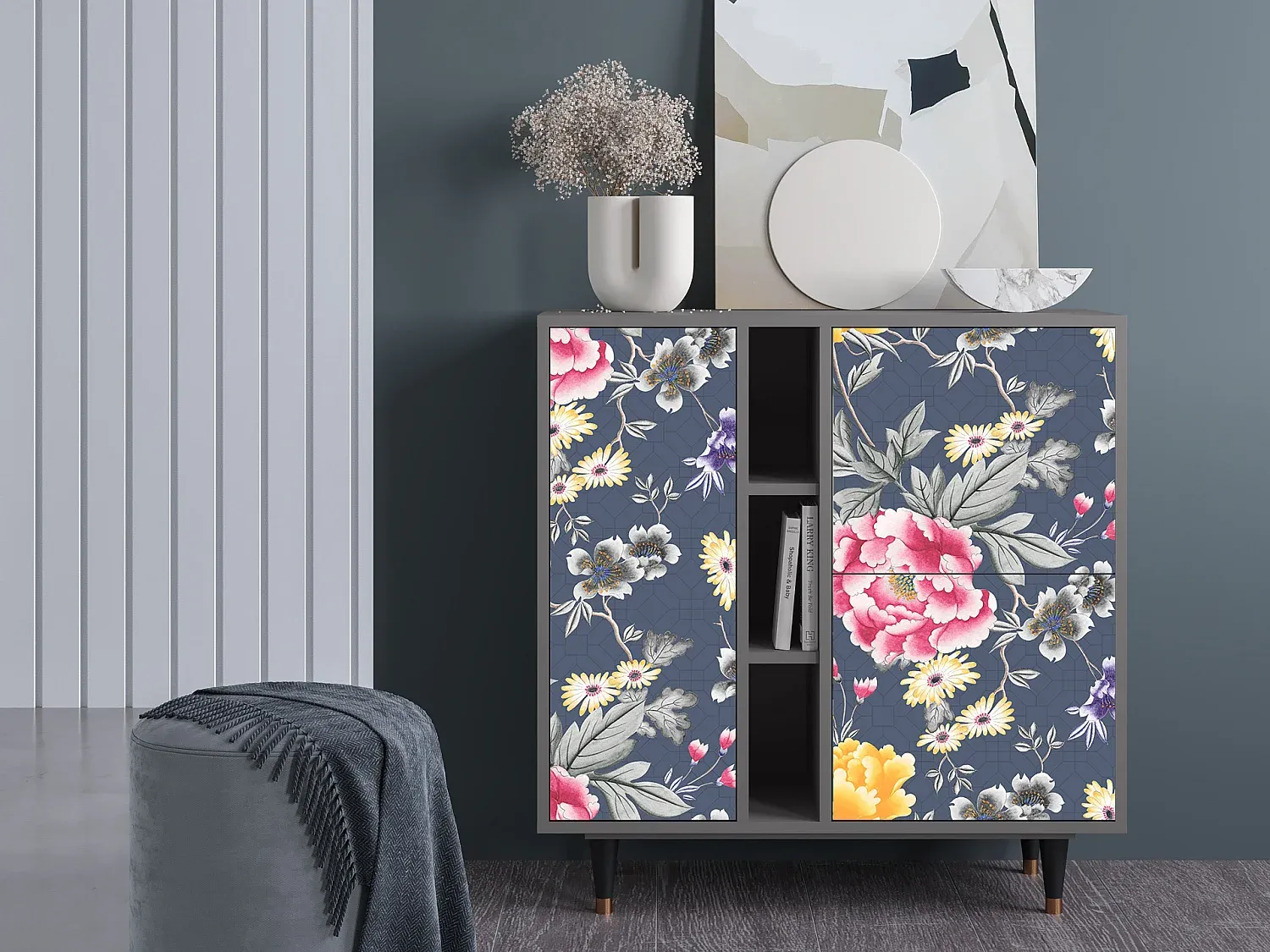 Kommode mit Dunkelblumenmuster, Grau, 94x96x41 cm-Vibyogi