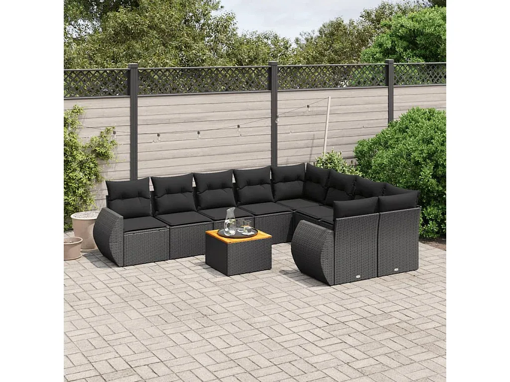 Garten-Sofagarnitur aus Poly Rattan mit Kissen, 10-teilig, Schwarz-Vibyogi