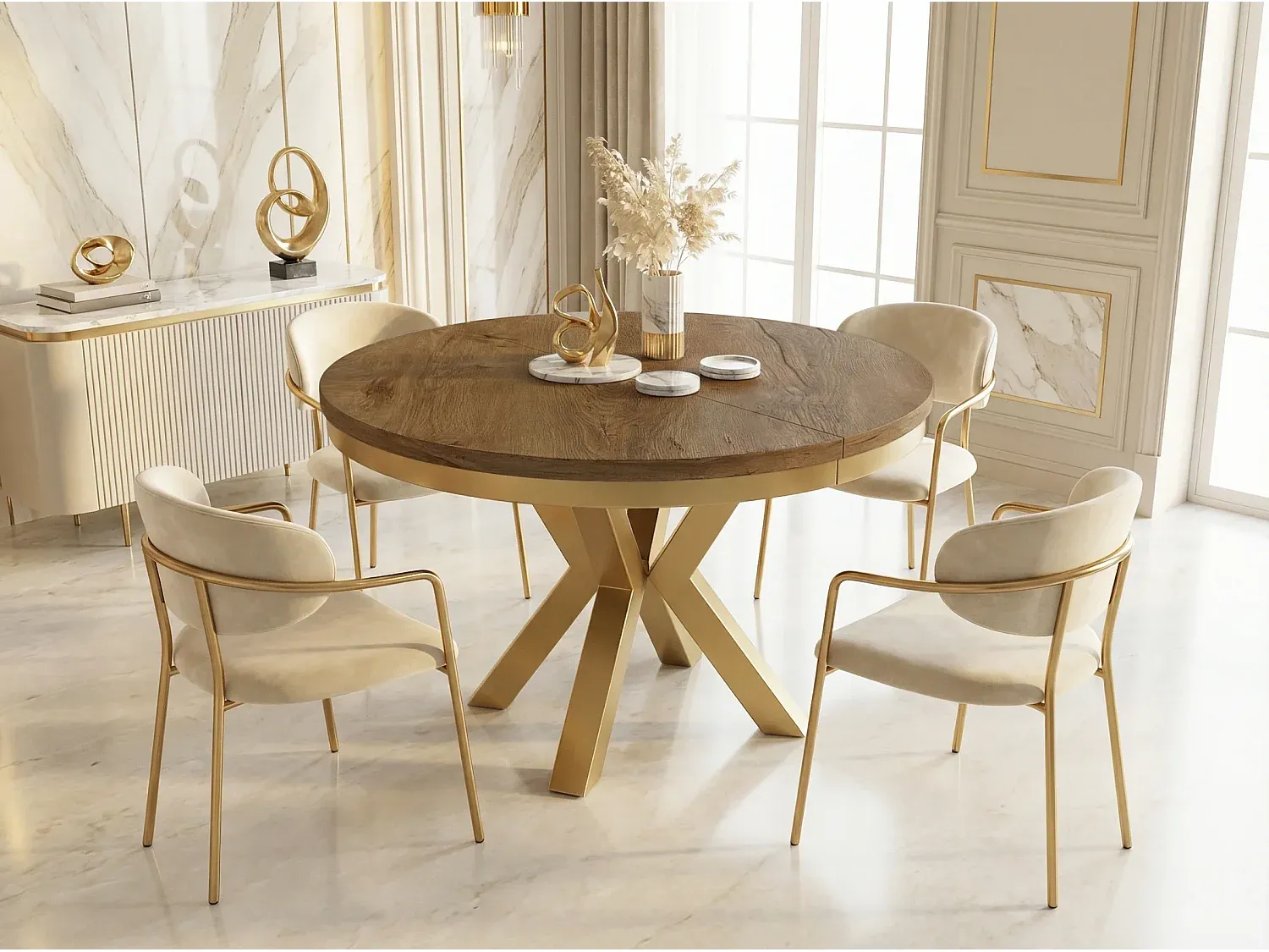 Runder Ausziehtisch im Loft-Design mit Metallbeinen-Vibyogi