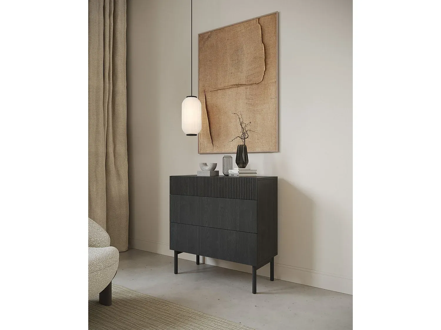 Kommode mit 3 Schubladen in Holzoptik Schwarz, 90 cm-Vibyogi