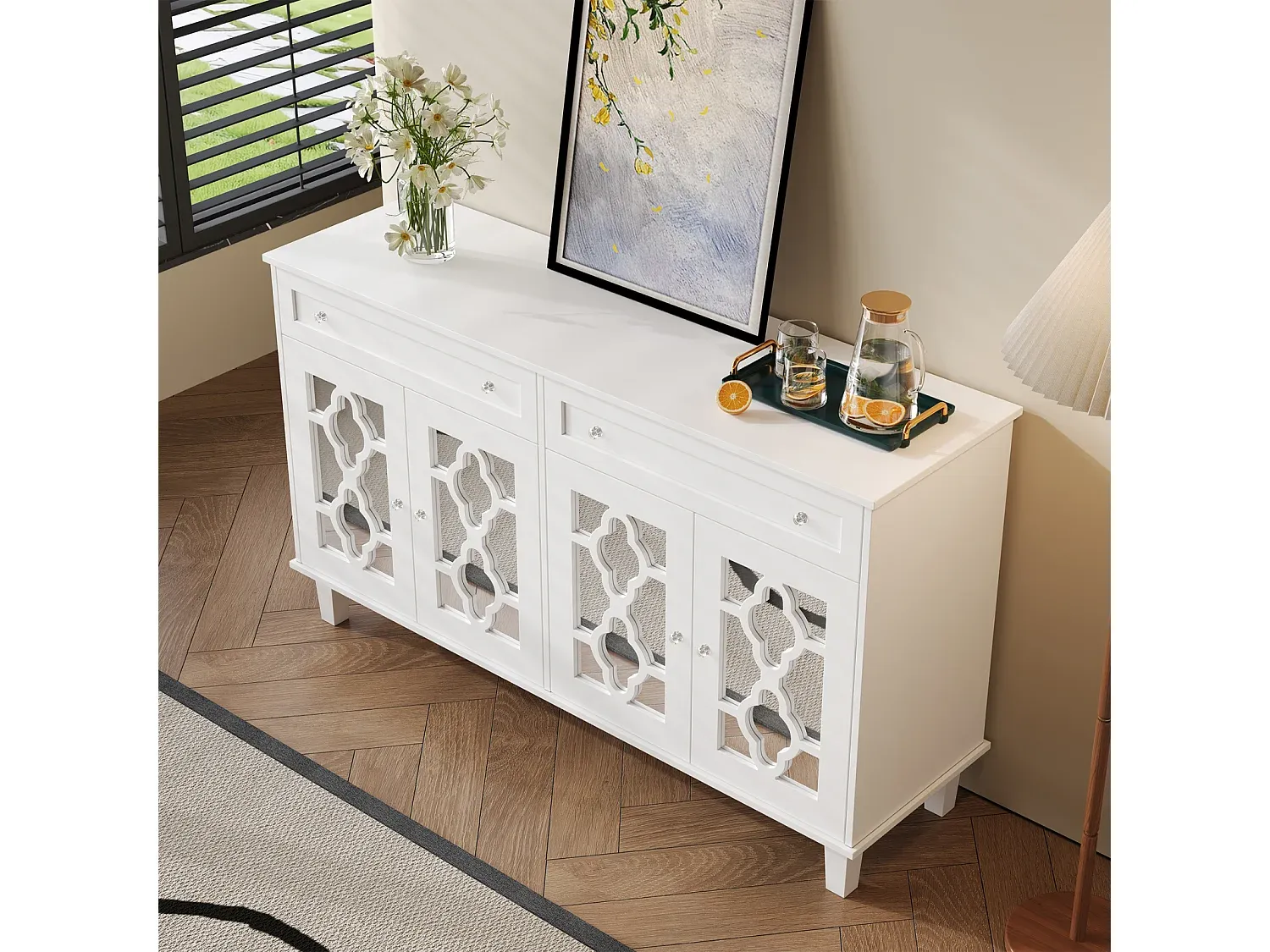 Kompaktes Sideboard mit Spiegeltüren und Schubladen in Weiß-Vibyogi