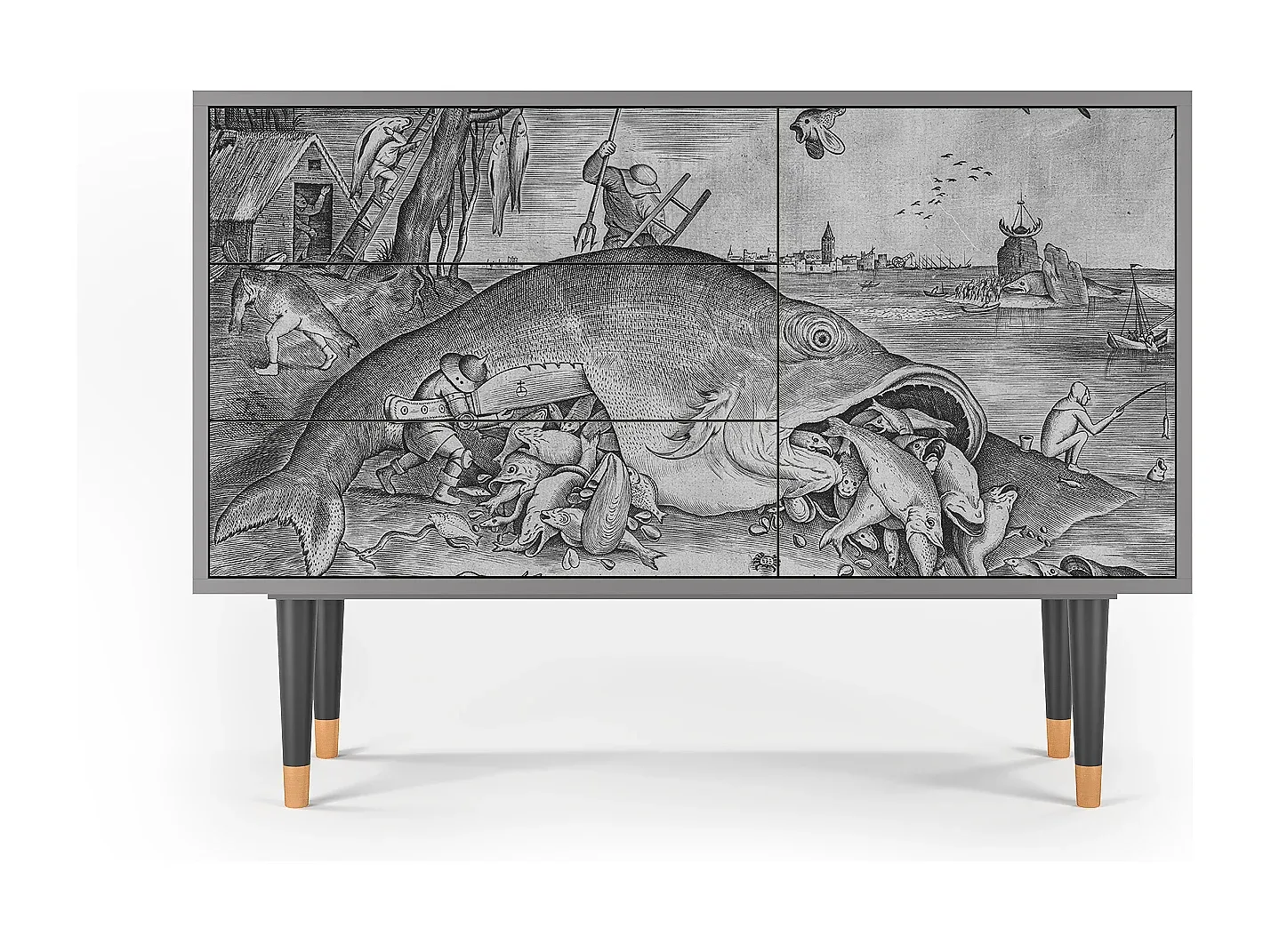 Moderner Sideboard mit Fischmotiv, Grau-Vibyogi
