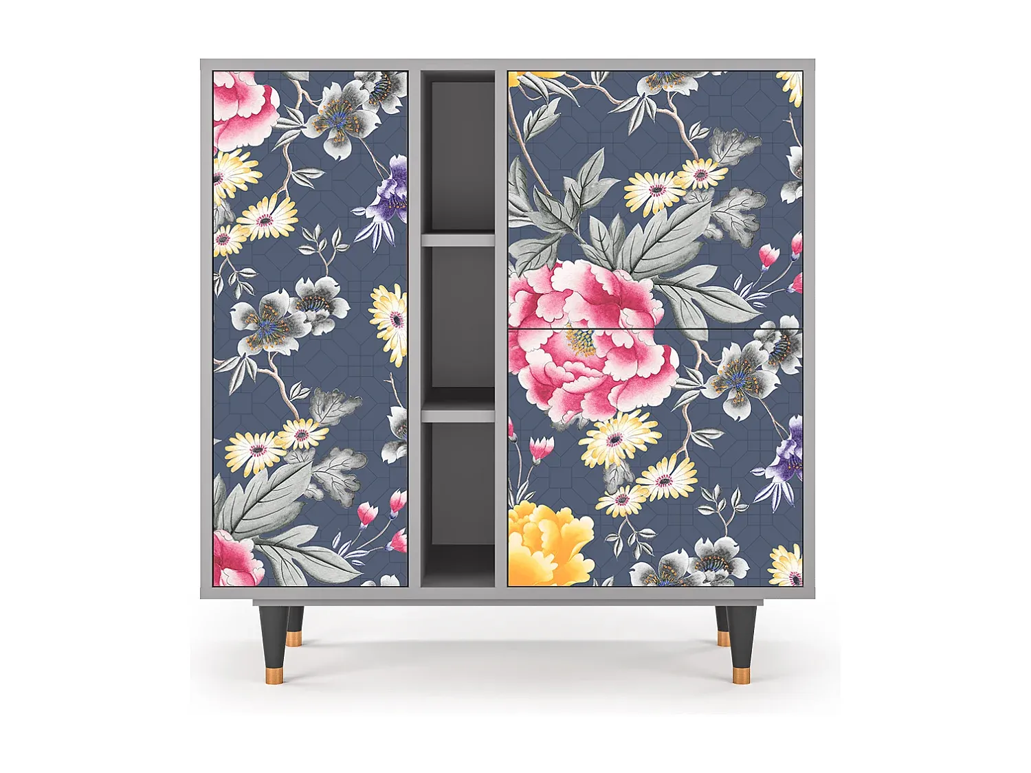 Kommode mit Dunkelblumenmuster, Grau, 94x96x41 cm-Vibyogi