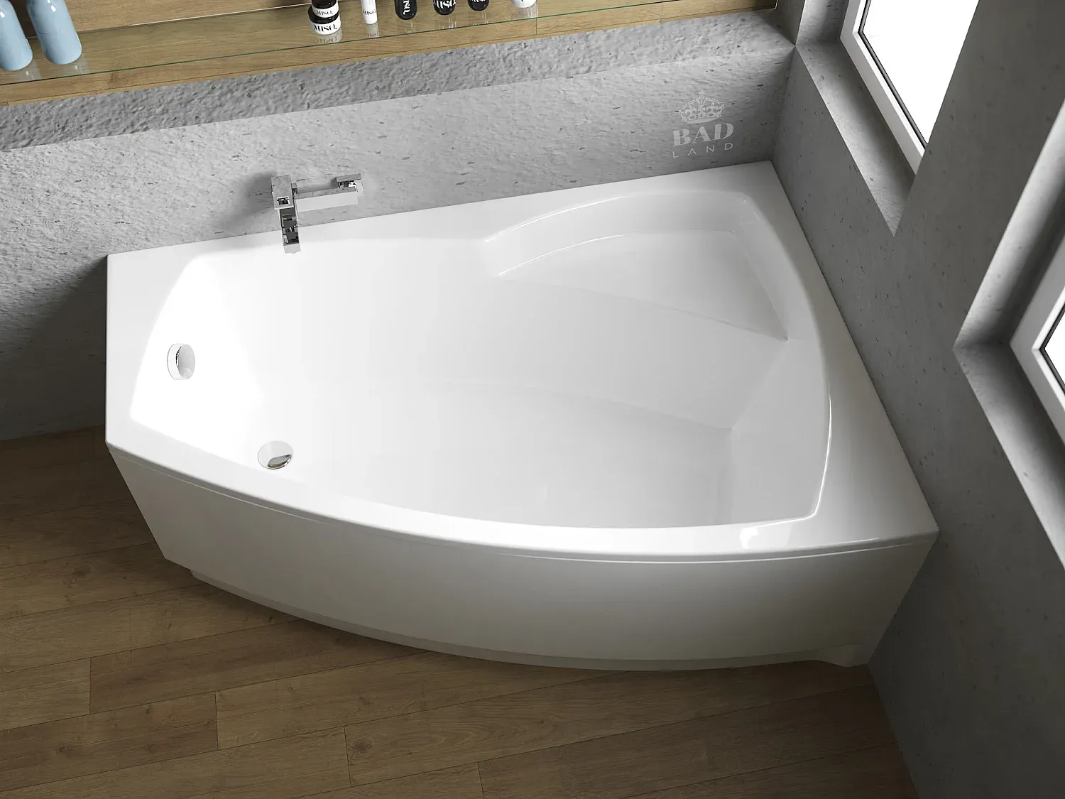 Eckbadewanne 150x100 cm rechts mit Gratis Ablauf und Füßen-Vibyogi