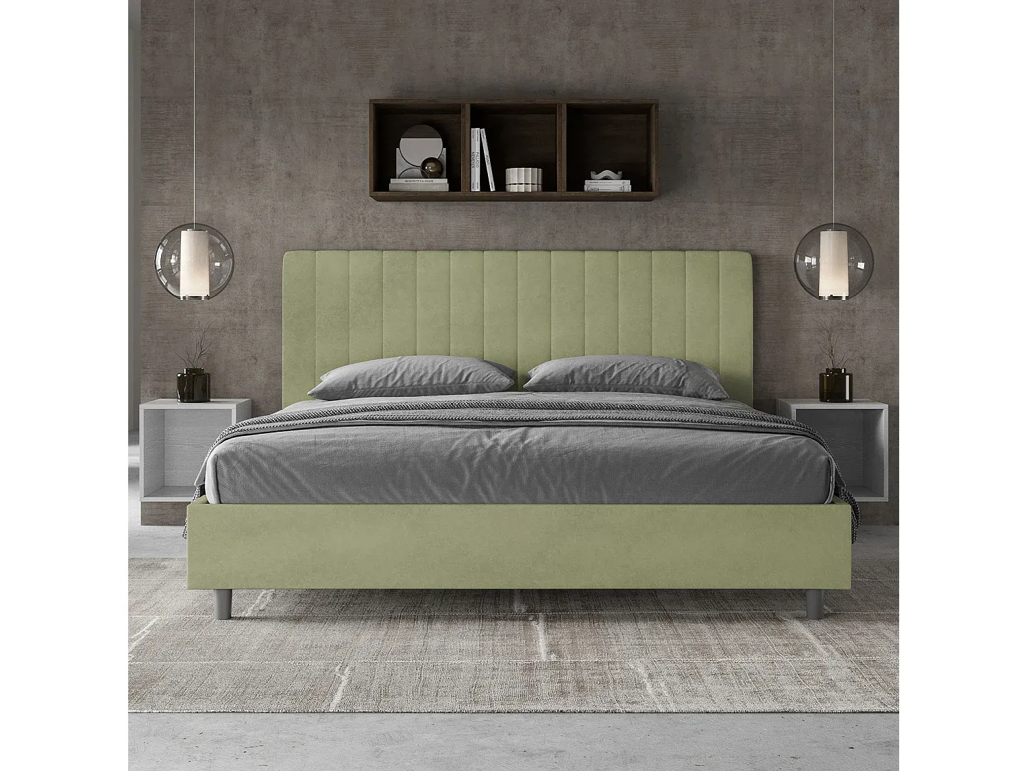 Kompaktes gepolstertes Bett 180x200 mit grünem Mikrofaserbezug-Vibyogi