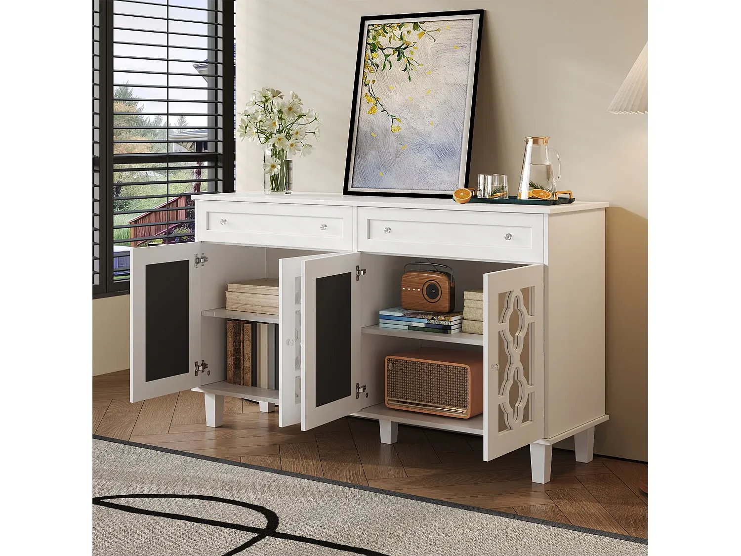 Kompaktes Sideboard mit Spiegeltüren und Schubladen in Weiß-Vibyogi