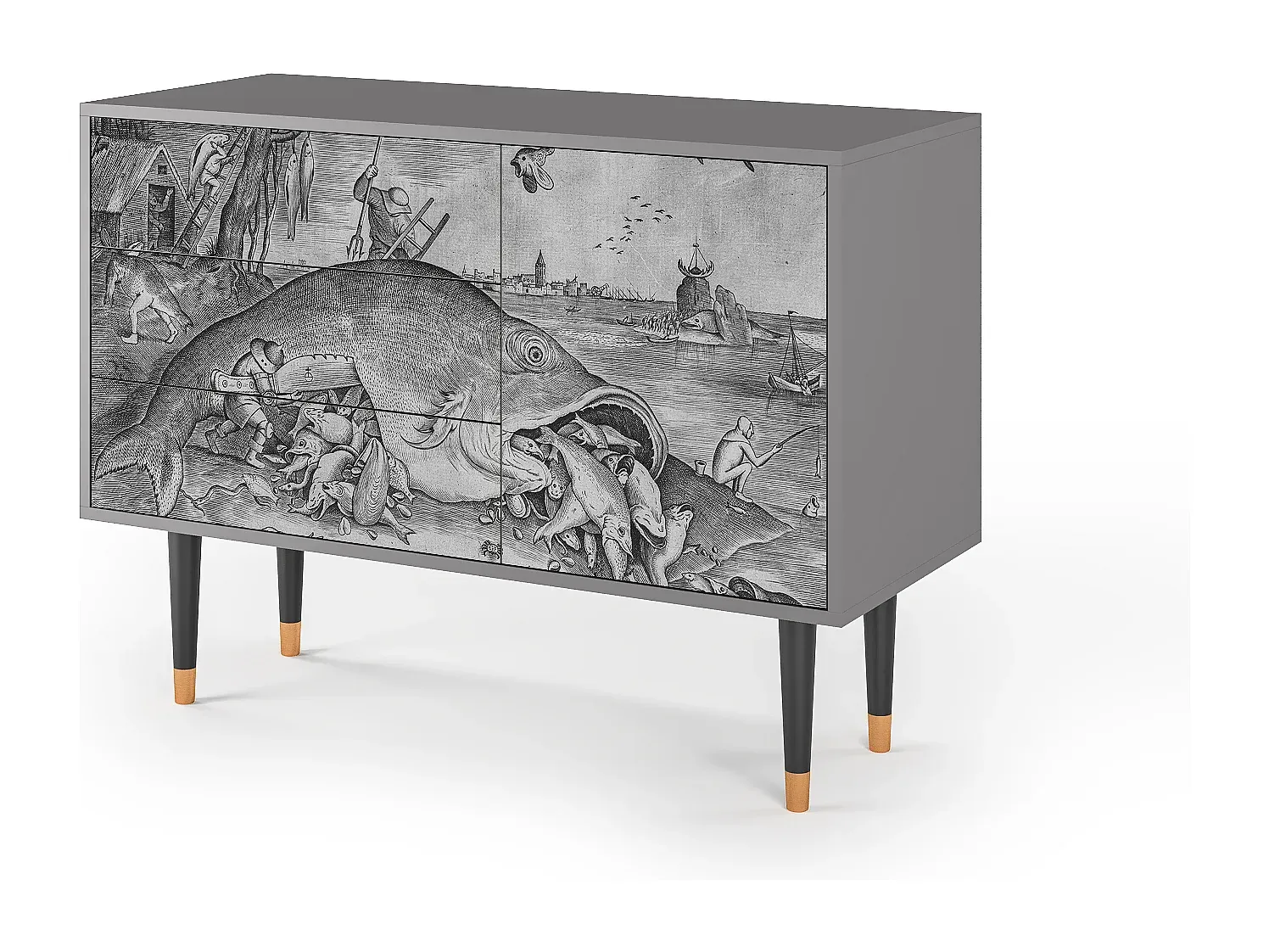 Moderner Sideboard mit Fischmotiv, Grau-Vibyogi